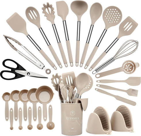Kitchen Utensils Set 28 pcs, Hvygss Silicone Cooking Utensils with Stainless Steel Handle, Khaki