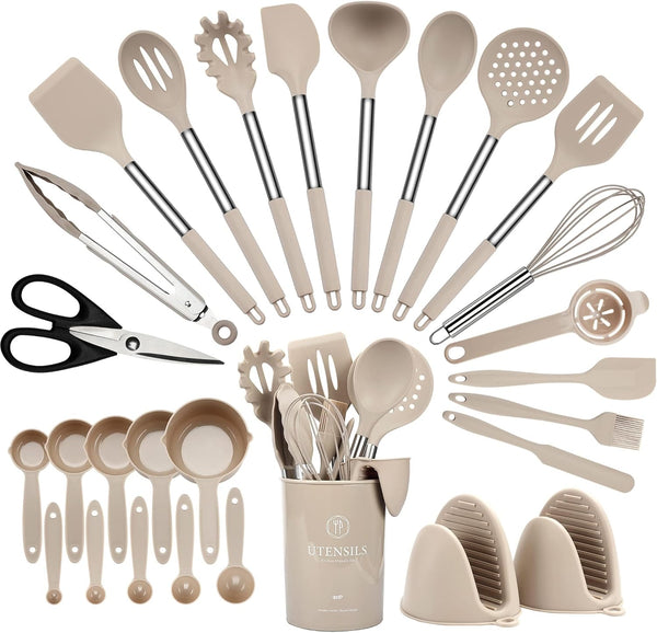Kitchen Utensils Set 28 pcs, Hvygss Silicone Cooking Utensils with Stainless Steel Handle, Khaki