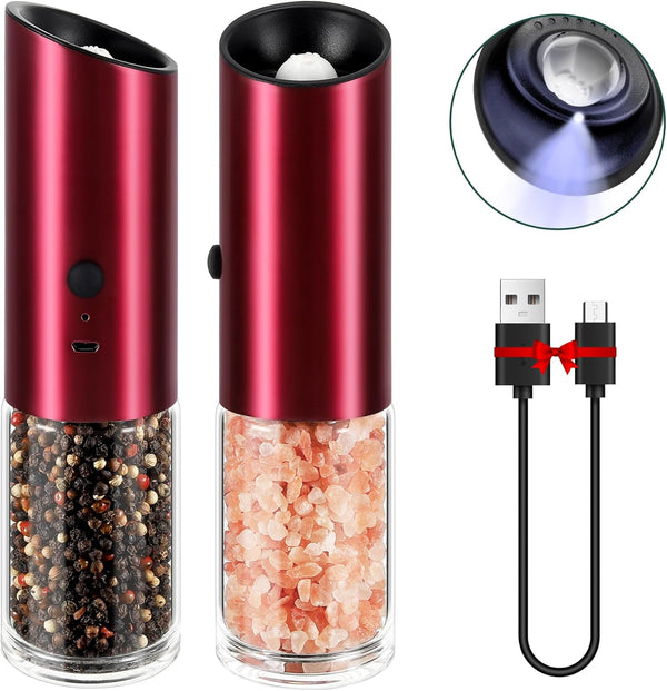 Vzaahu Gravity Electric Pepper and Salt Grinder Set of 2 - Rechargeable, Adjustable Coarseness, Stainless Steel with