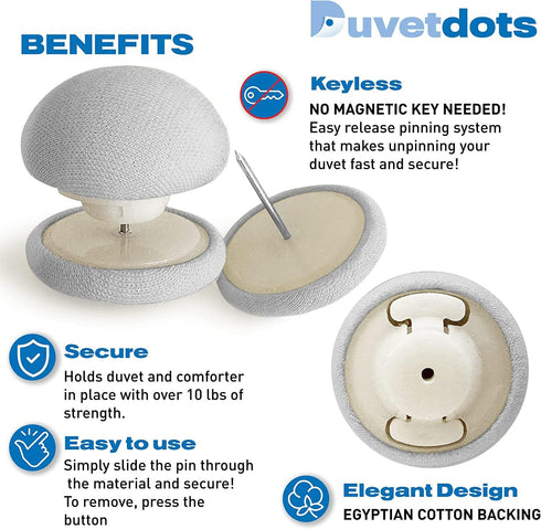Duvetdots Gray Keyless Duvet Clips, No Key Needed. Pack of 8 Comforter Fasteners That are Safe Locking, Low Profile Egyptian Cotton Bedding Pins Holds up to 10lbs, Clamps Keeps Comforter From Shifting