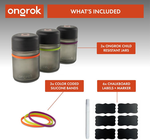 180ml, 3 Pack ONGROK Glass Storage Jar, | UV Herb/Spice Jar with ChildResistant Lid, ColorCoded Glass Containers