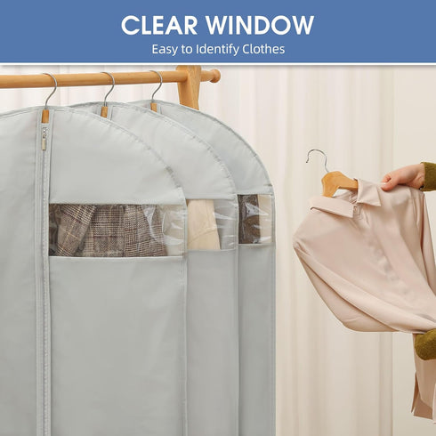43" Garment Bags for Hanging Clothes, Grey Suit Cover Bags with Clear Window for Closet Storage (2 Packs)
