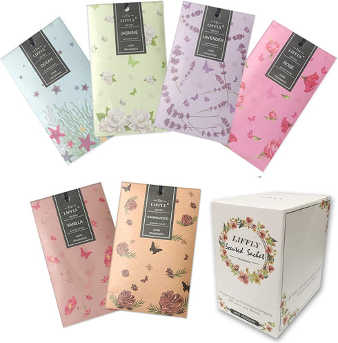 14 Packs Lavender Rose Jasmine Ocean Vanilla Sandalwood Scented Sachets Bag for Drawers and Closets Gift Box