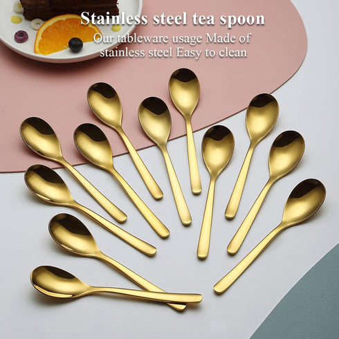 Kyraton Gold Teaspoons Set of 12, Stainless Steel Coffee Spoons for Home, Restaurant, Parties, Dishwasher Safe