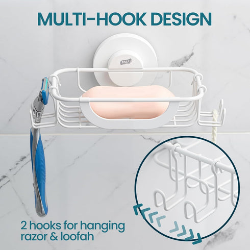 TAILI Soap Bar Holder Dish with Hooks, Shower Soap Tray Saver Suction Cup with Razor Holder for Wall, Rustproof