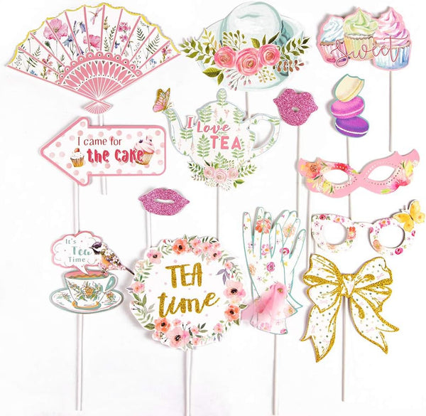 SUNBEAUTY 14 Pcs Tea Party Photo Booth Props, Alice in Wonderland Party Supplies for Garden Party Bridal Shower