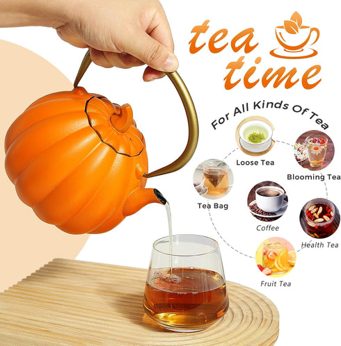 40oz Orange Pumpkin Cast Iron Teapot with Infuser - Japanese Iron Tea Kettle with Enamel Interior, Cute Halloween