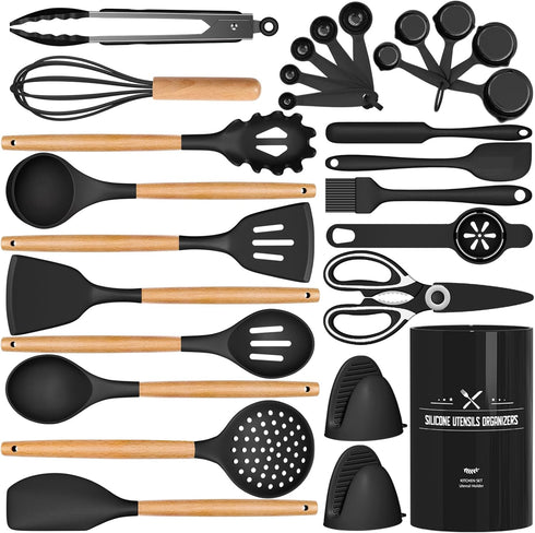 Silicone Kitchen Utensils Set, 28PCS Large Cooking Utensils with Holder, Wooden Handles, Spatula, Spoon, Whisk, Black