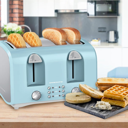 OVENTE 4-Slice Toaster with Extra Wide Slots, 6-Shade Browning Setting, 1400W Countertop Toaster, Light Blue TS4410LBL