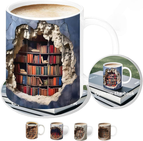 Library Bookshelf Mug, Bookshelf Design Ceramic Coffee Cup with 3D Visual Effect,