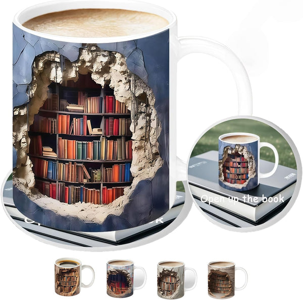 Library Bookshelf Mug, Bookshelf Design Ceramic Coffee Cup with 3D Visual Effect,