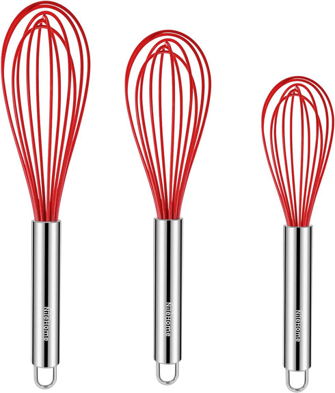 NileHome Commercial Stainless Steel Whisk Set, 3 Pack Small Whisks (8" 10" 12") with Silicone Non-Stick Coating (Red)
