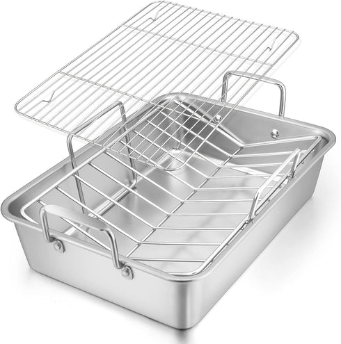 E-far Roasting Pan - 16 x 11.5 Inch Stainless Steel Turkey Roaster with Rack, Deep Broiling Pan, Easy Clean