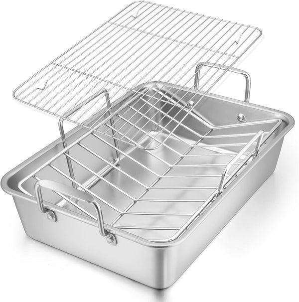 E-far Roasting Pan - 16 x 11.5 Inch Stainless Steel Turkey Roaster with Rack, Deep Broiling Pan, Easy Clean