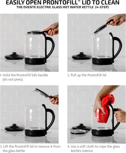 OVENTE Electric Glass Kettle 1.5 Liter, 1500W Instant Hot Water Boiler with ProntoFill Tech, Black KG516B