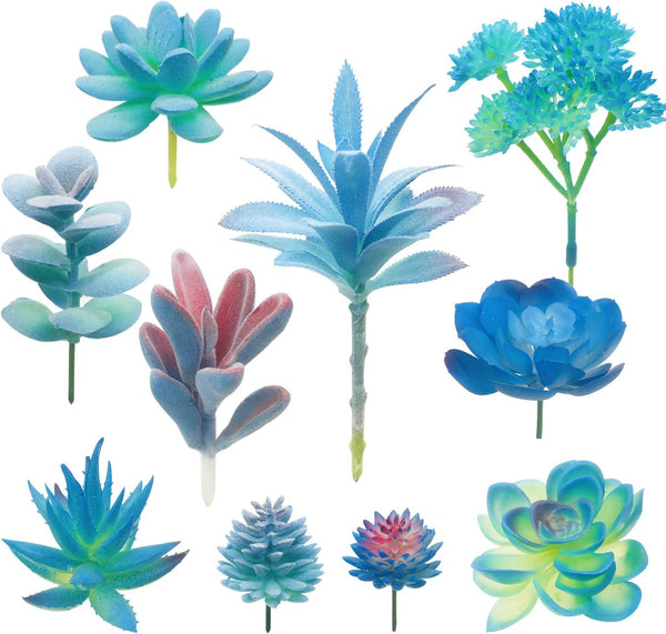 Woohome 10 PCS Artificial Succulent Plants, Unpotted Faux Succulent Assortment in Flocked Blue for Birthday Home Decor