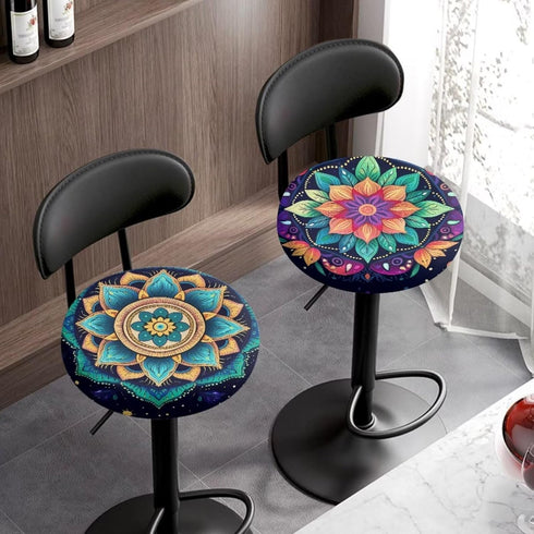Jeiento Decor,13"-15" Bohemian Stool Covers Green Boho Mandala Round Stool Cushion Cover Elastic Bar Stool Seat
