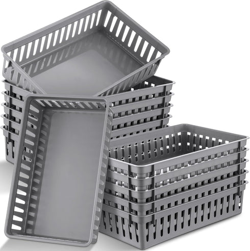 Wenqik Set of 12 Plastic Baskets for Organizing, 10.24 x 6.5 x 2.36 Inch Rectangular Trays for Desk Organization (Grey)