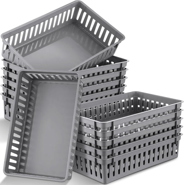 Wenqik Set of 12 Plastic Baskets for Organizing, 10.24 x 6.5 x 2.36 Inch Rectangular Trays for Desk Organization (Grey)
