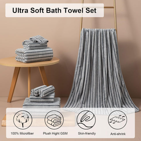 8 Set Sheet-2 Towels,2 Towels,4 Oliven Pcs Gray Cabana Stripe Bath Towel Oversize Bath Bathroom Hand Washcloths Soft