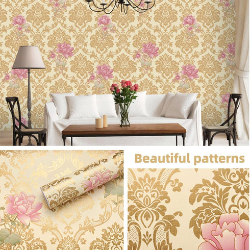 Self-Adhesive Shelf Liners Paper, Removable Self Adhesive Liner for Home Decoration, Gold Pink Flower 17.8 x 118 Inches