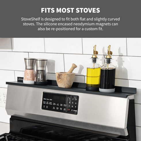 30" StoveShelf Deluxe Length Black Magnetic Shelf for Kitchen Stove - Extra Strength Double Magnets - Kitchen Storage