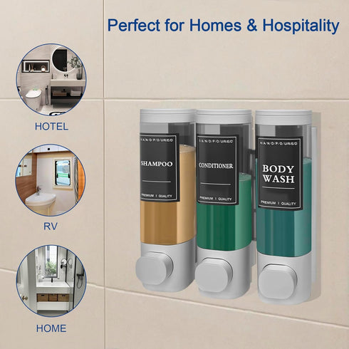 Emelunox 3-Chamber Wall Mount Shower Dispenser - No-Drill Adhesive or Drill Mount - Refillable Shampoo, Conditioner