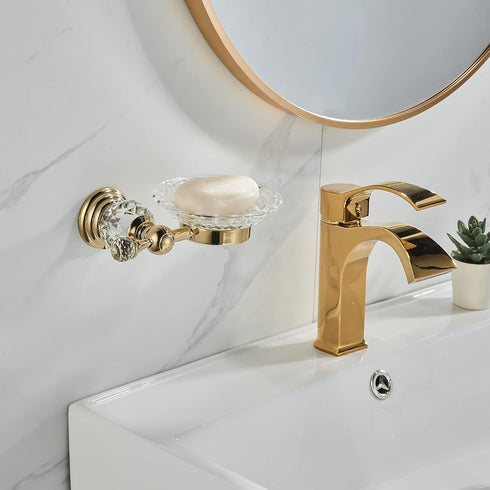 WOLIBEER Crystal Soap Dish Holder, Polished Gold Shower Soap Holder Stainless Steel Soap Saver Tray for Bathroom Wall