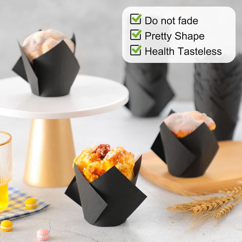 Jutom 200 Pack Black Tulip Cupcake Liners, Greaseproof Muffin Liners for Weddings, Birthdays, Baby Showers
