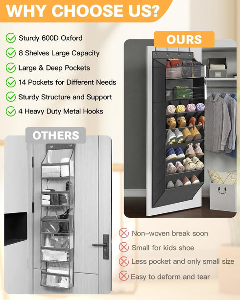LEHKG 8 6 8 Closet Over The Door Shoe Storage Organizer, Tiers Hanging Shoe Rack Behind Door Shoe Holder with Large