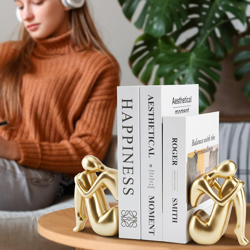 Books,1Pair/2Piece Gold Bookends Book Ends, Unique Decorative Girl Thinker Design,Non-Slip Home Office Bookshelf Decor
