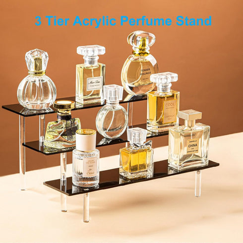 HENABLE 3 Tier Perfume Organizer Stand, Black Acrylic Risers Display Stands, Cologne Shelf Dessert Display for Party