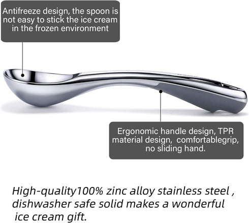 Heavy Duty Ice Cream Scoop, Commercial Antifreeze-Metal Scoop with Hook, Professional Easy-Grip Unbreakable (Silver)