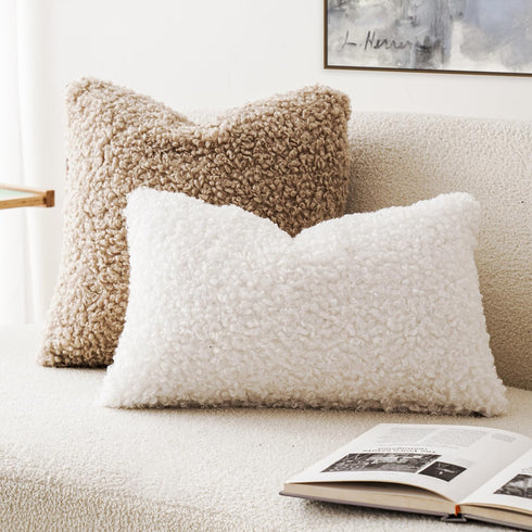 Set 2 12"x20" Foindtower of Curly Teddy Wool Faux Fur Pillow Covers Decorative Boucle Textured Lumbar Throw Pillow