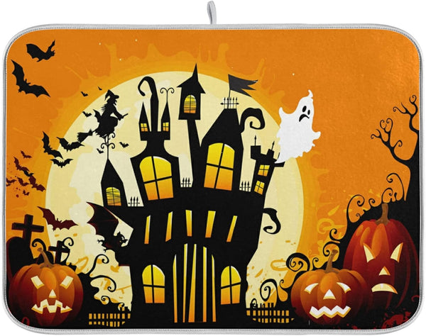 Halloween Dish Drying Mat, 18x24 Inch Scary Ghost on Tree Pumpkin Drying Pad for Kitchen Countertops