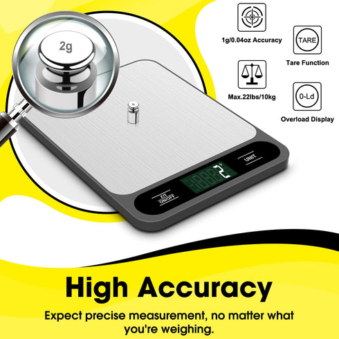 Food Scale, Digital Kitchen Scale 10kg/22lb for Baking Cooking Coffee, 6 Units with Tare Function, LCD Display.