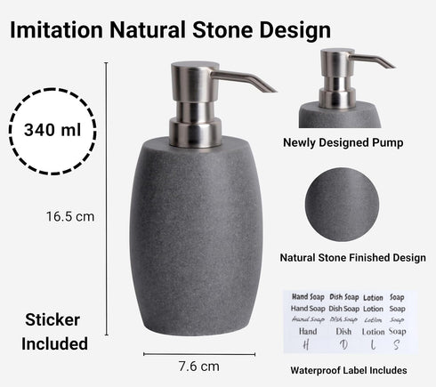 12 Oz, 2 Sets Clasin Home Sandstone Textured Resin Soap Dispenser with Metallic Pump and Waterproof Bottle Labels
