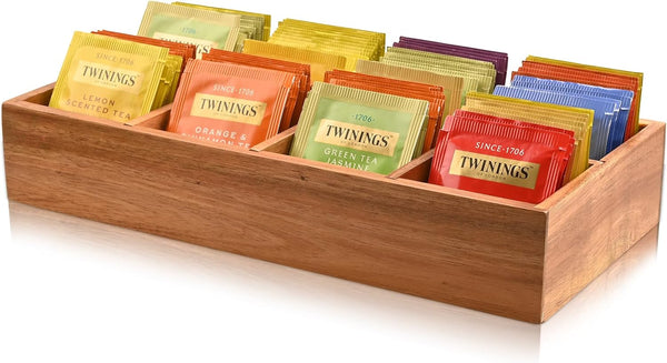Acacia Wood Tea Bag Organizer with 8 Slots, Tea Bag Holder and Sugar Packet Storage for Countertops