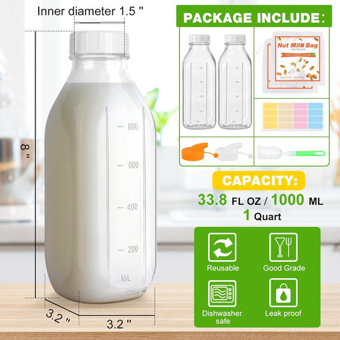 CARBLIN 32 Oz 2 Pack 2 1 Glass Milk Bottles, Scale Mark Drinking Jug with Nut Milk Bags& Airtight Screw Lid & Silicone