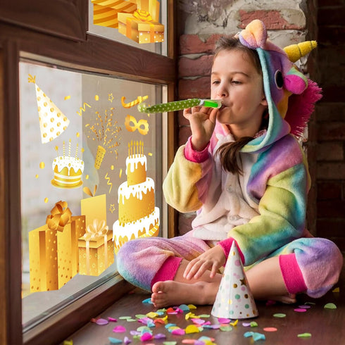 Whaline 134Pcs Birthday Window Clings Gold Yellow Birthday Window Decals Birthday Cake Balloon Firework Double-Sided Window Decor for Birthday Party Home School Decorations Supplies