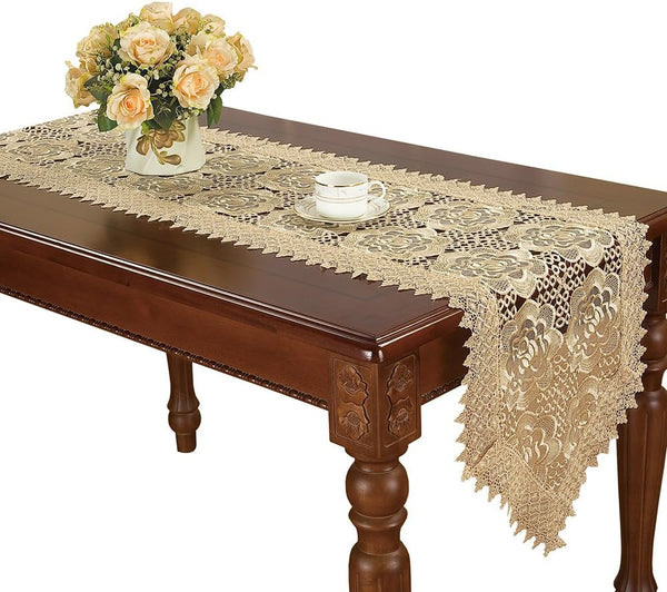 Simhomsen Small Beige Lace Table Runners, Embroidered Rose Flower Dresser Scarves 16 × 48 Inch