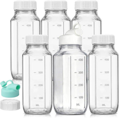 CUCUMI 6 Pack 16 Oz Glass Milk Bottles with Lids, Glass Juice