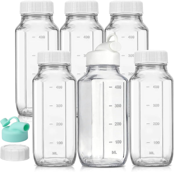 CUCUMI 6 Pack 16 Oz Glass Milk Bottles with Lids, Glass Juice