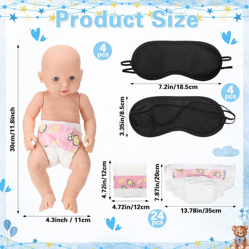 RoundFunny 33 Pcs Baby Shower Diaper Changing Game Supplies Including Dolls Blindfold Diapers Wooden Sign for Changing