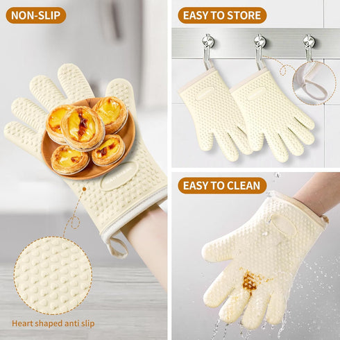 Silicone Oven Mitts, Heat Resistant 450 Degrees, Waterproof Non-Slip Gloves for Baking Cooking (White)