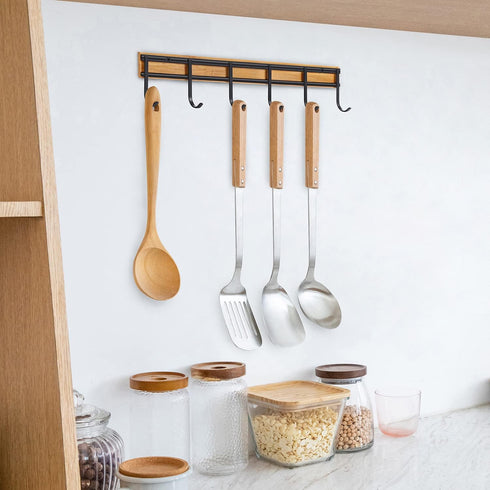 Kitchen Utensil Rack - Wall Mounted Accessory Hanger with 6 Hooks, Pack of 2 for Kitchen, Bathroom & Bedroom