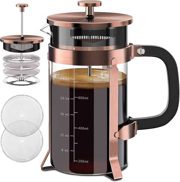 QUQIYSO French Press Coffee Maker, 34oz 304 Stainless Steel with 4 Filter, Borosilicate Glass, Easy to Clean, Copper