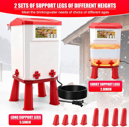 3 Control,Red,12.5 8.3 inch 8.3 Gallon Heated Chicken Waterer for Winter Automatic Chicken Water Heater,Adsjustable