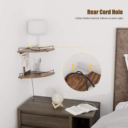 Set 2, Corner Floating Shelves, Rustic Brown Wood, of Wall Mount Storage with Guardrail for Bathroom Kitchen Living