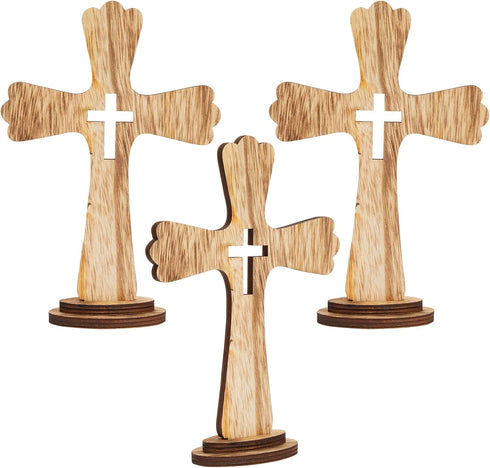 Juvale 3-Pack Wooden Cross Baptism Centerpieces, 6 x 2 x 9 In Brown Rustic Wood for Baptism Decor & First Communion